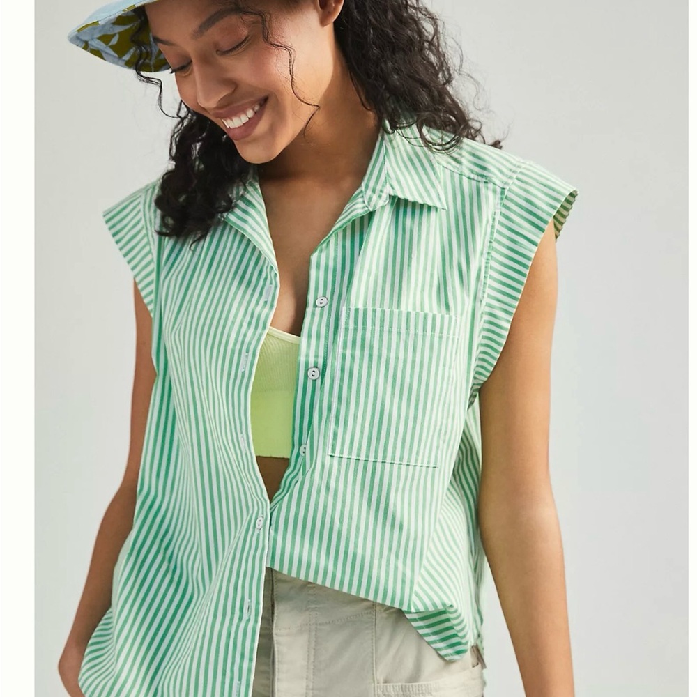 Anthropologie Maeve Claire Stripped Button Down Shirt Green White Pocket‎ resort